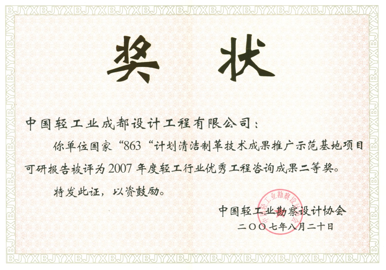 863计划清洁制革技术成果推广工程咨询二等奖